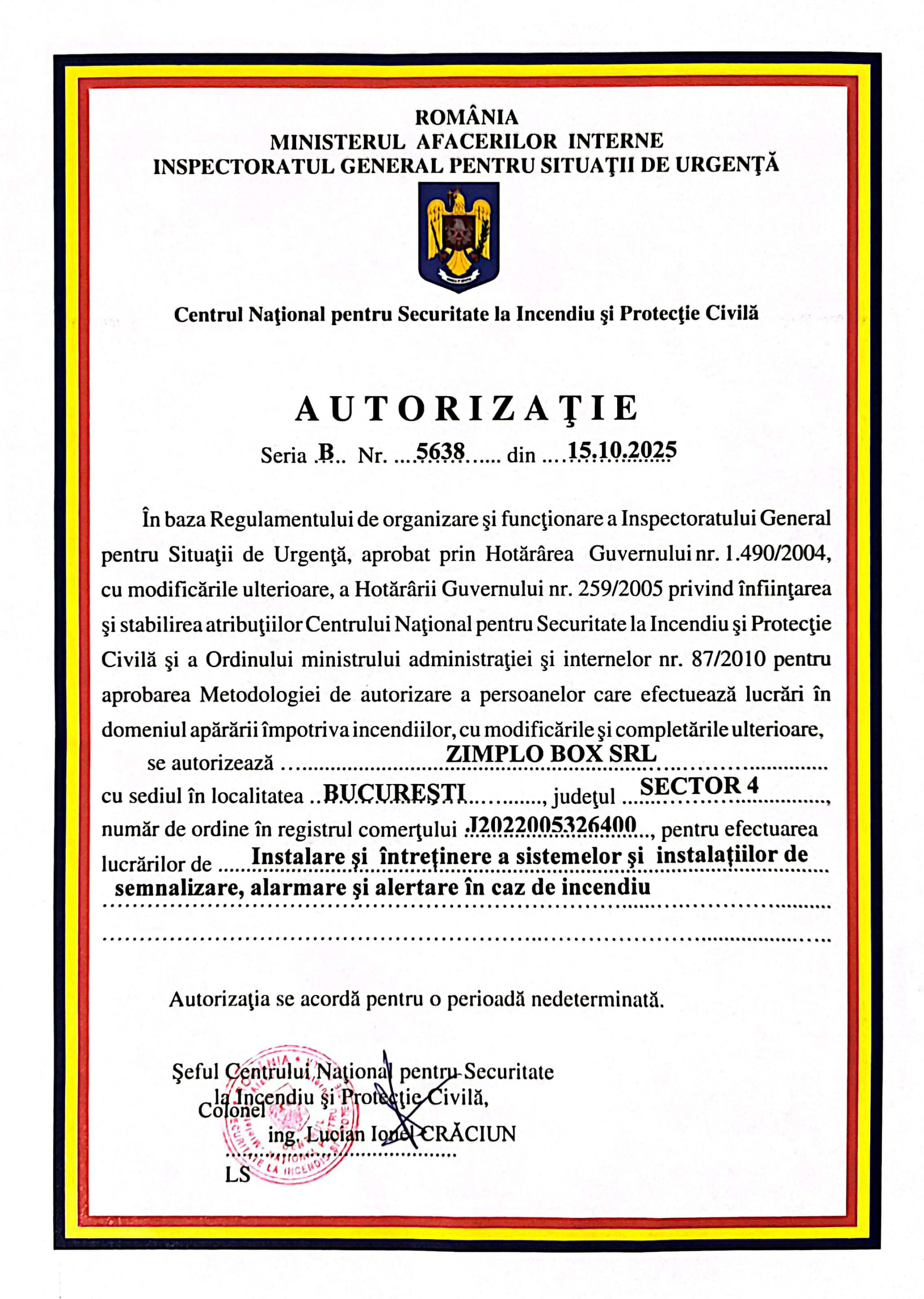 Autorizatie IGSU – Sisteme de Detectie si Semnalizare la Incendiu